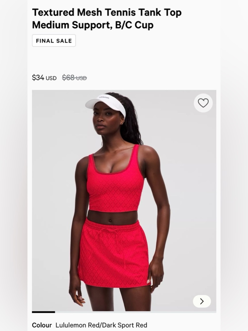 Lululemon textured mesh tennis tank top! Red! Medium support!